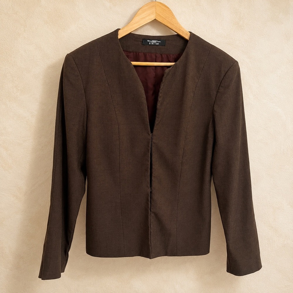 B. Moss Clothing Company Brown Stretch Blazer Jacket Hook Eye Closure USA Made